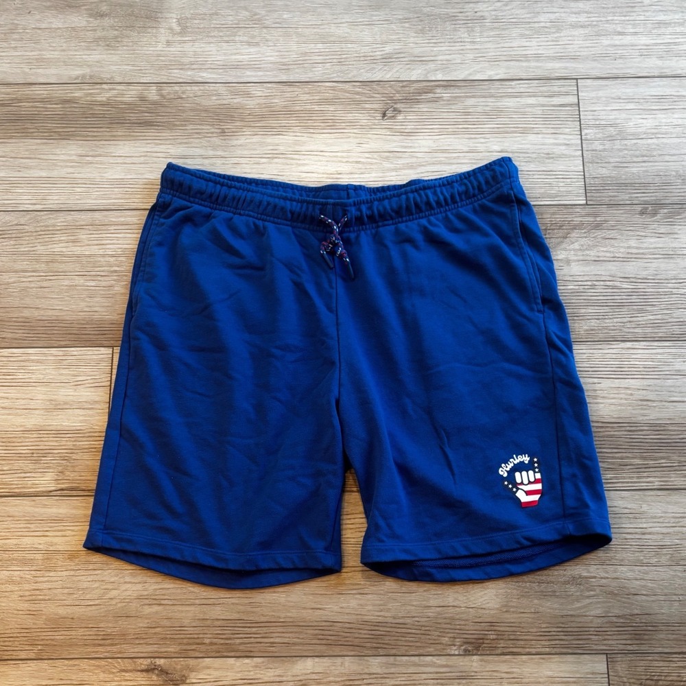 Hurley Men XL BBQ Stay Fly Blue French Terry Shorts American Flag Shaka Graphic